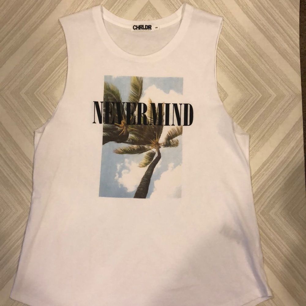 Chrldr “Nevermind” w. Palm Tree White Tank Top - Size S